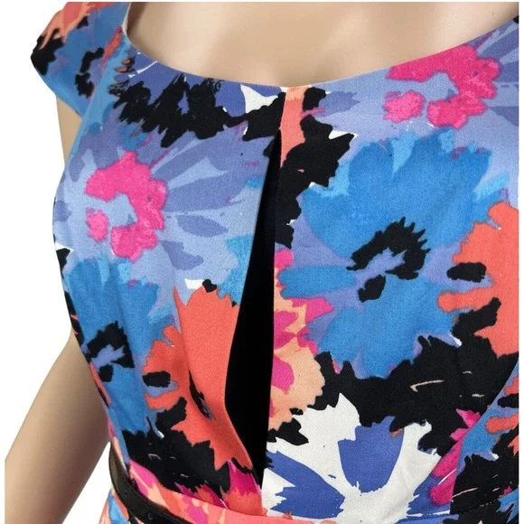 JAX Colorful Floral Print Belted Cap Sleeve Dress Sz 8 Paneled Skirt - Picture 4 of 13